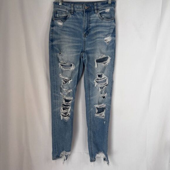 American Eagle Stretch Destructed Mom Jean Denim Blue Distressed Size 2R - Picture 11 of 12